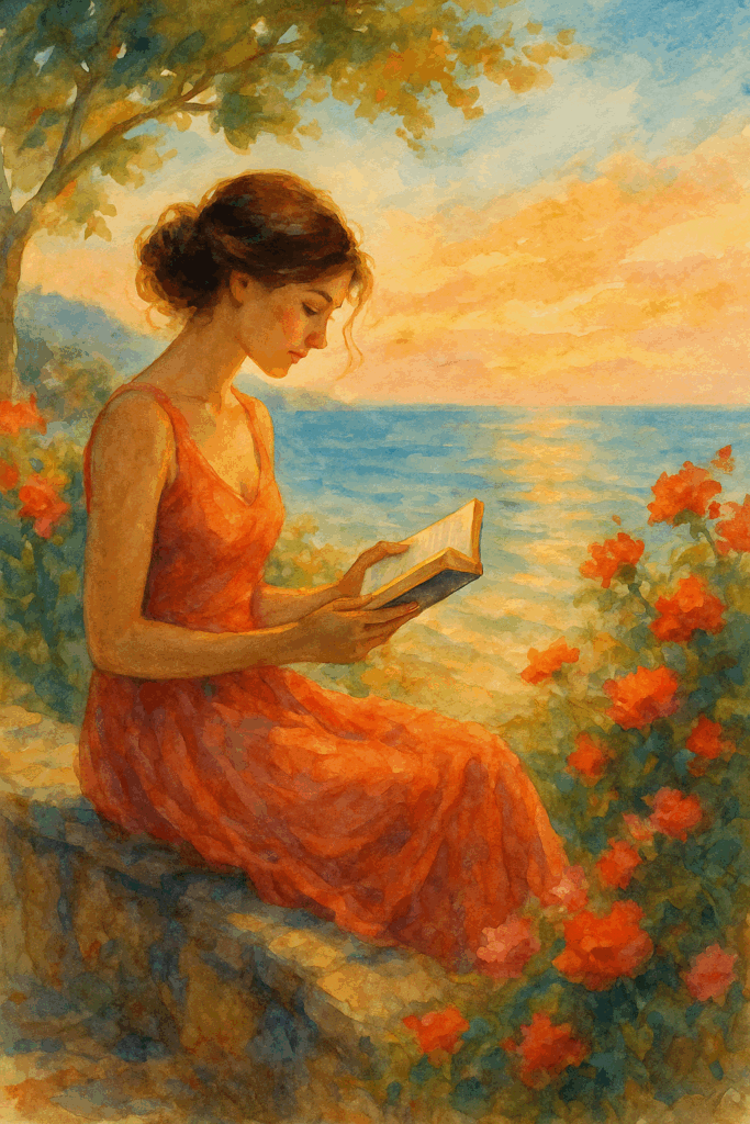 A realistic watercolor-style image of a woman sitting on a sunlit terrace overlooking the Amalfi Coast, reading a book with a cappuccino and flowers beside her, surrounded by warm golden light and soft pastel tones reflecting a romantic Mediterranean atmosphere.