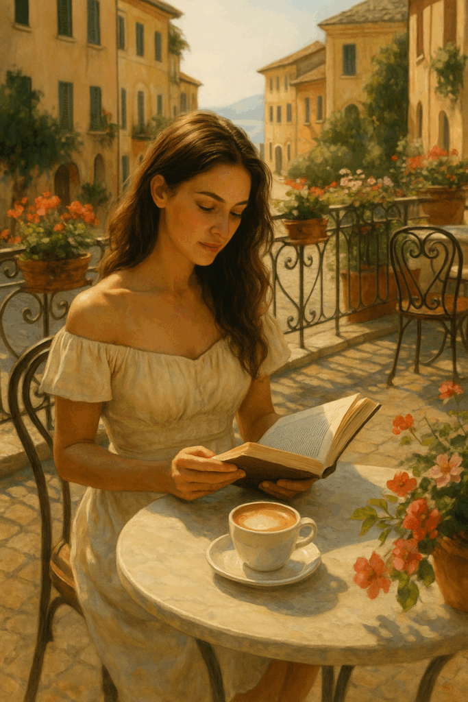 A realistic photograph of a woman with long wavy hair sitting at a cozy Italian café terrace on a cobblestone street, reading a book beside a cappuccino and flowers, bathed in warm golden sunlight with a romantic and peaceful atmosphere.