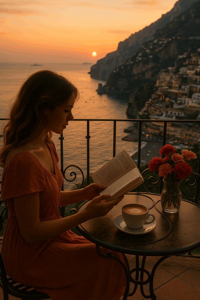 A realistic photograph of a woman reading a book at sunset on a balcony overlooking the Amalfi Coast, with warm golden light, a glass of wine, and flowers nearby, surrounded by pastel buildings and a calm Mediterranean atmosphere symbolizing romance and reflection.