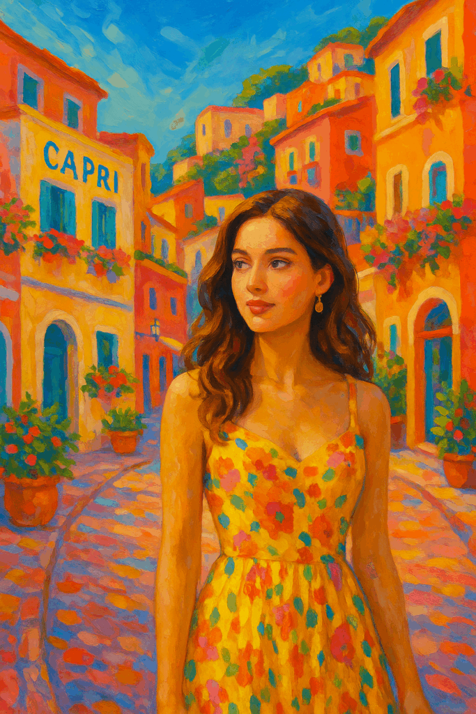 A vibrant, colorful painting of a beautiful woman standing on a sunlit cobblestone street in Capri, Italy. She wears a yellow floral dress and gold earrings, surrounded by pastel buildings, blooming flowers, and Mediterranean light. The scene captures the warmth, charm, and romantic atmosphere of the island town.
