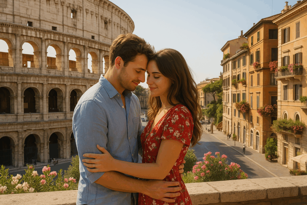 A realistic romantic photograph of a couple standing near the Colosseum in Rome at sunset, holding hands on a cobblestone street surrounded by flowers, with warm golden light creating a dreamy, cinematic atmosphere.