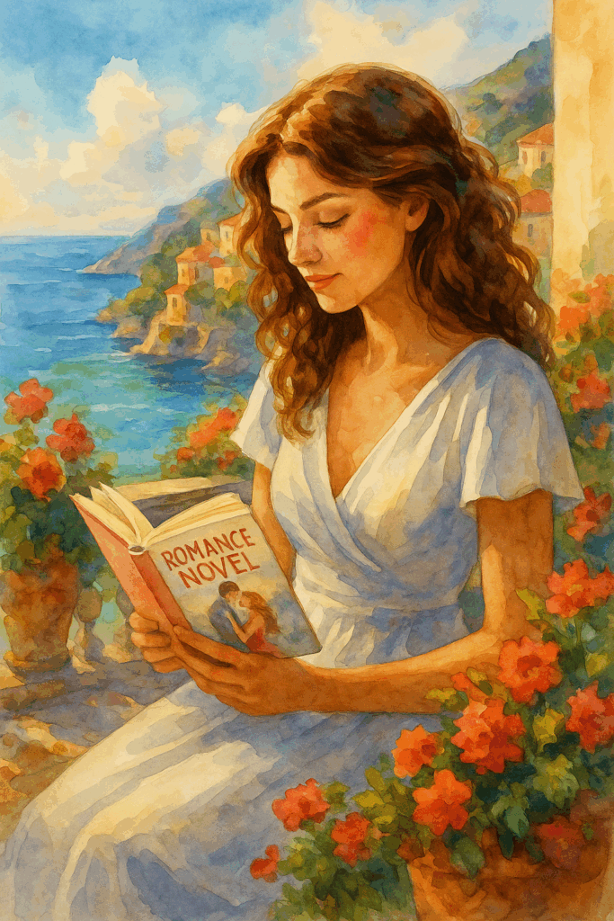 A watercolor painting of a young woman reading a romance novel on a sunlit balcony overlooking the Amalfi Coast, surrounded by blooming flowers, pastel-colored Italian buildings, and a cappuccino on the table, evoking a warm and romantic Mediterranean atmosphere.