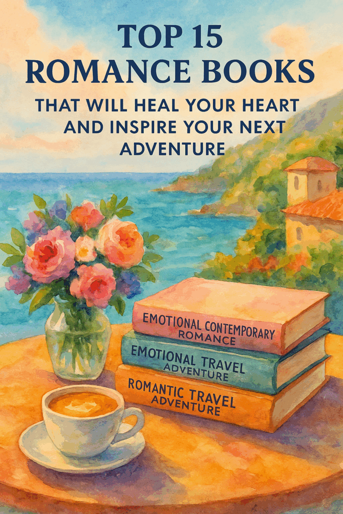 A colorful watercolor painting of the Amalfi Coast showing a sunlit terrace overlooking the turquoise sea, with a cappuccino and a stack of romance books on a small table surrounded by pink bougainvillea and pastel Italian houses cascading down the cliffs.