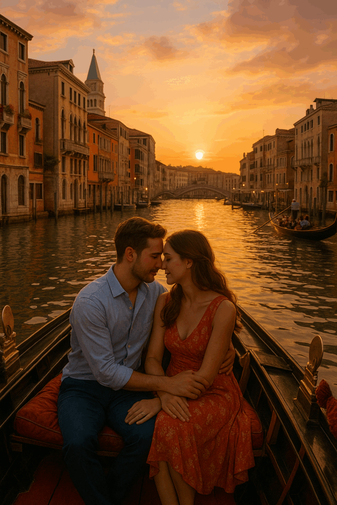 A romantic photo of a loving couple sitting close together on a gondola in Venice, Italy at sunset. The man and woman share an intimate moment as golden light reflects off the canal water, surrounded by historic pastel buildings and the silhouette of a bridge in the distance. The scene captures the warmth, beauty, and timeless romance of Venice.