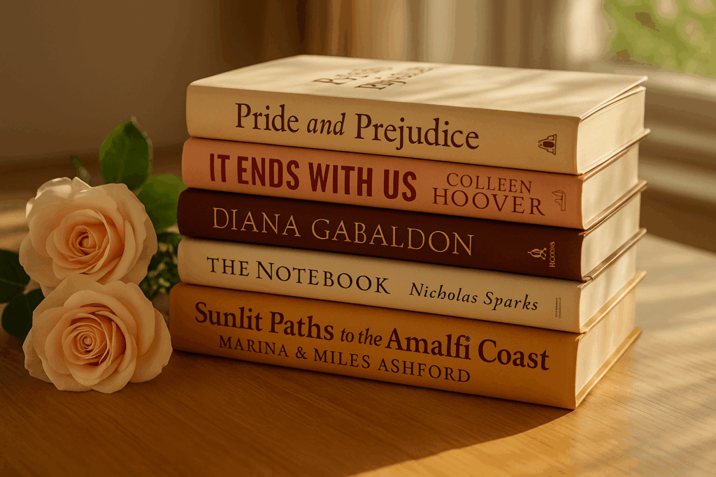 A realistic photograph of a cozy sunlit table featuring a stack of romance novels, soft pink roses, an open book, and a cup of coffee with warm golden light streaming through a window, symbolizing love and timeless storytelling.