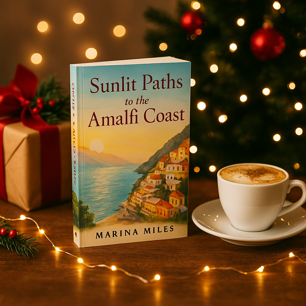 Christmas-themed scene featuring the book Sunlit Paths to the Amalfi Coast on a wooden table beside a cappuccino, fairy lights, wrapped gifts, and a Christmas tree with ornaments.