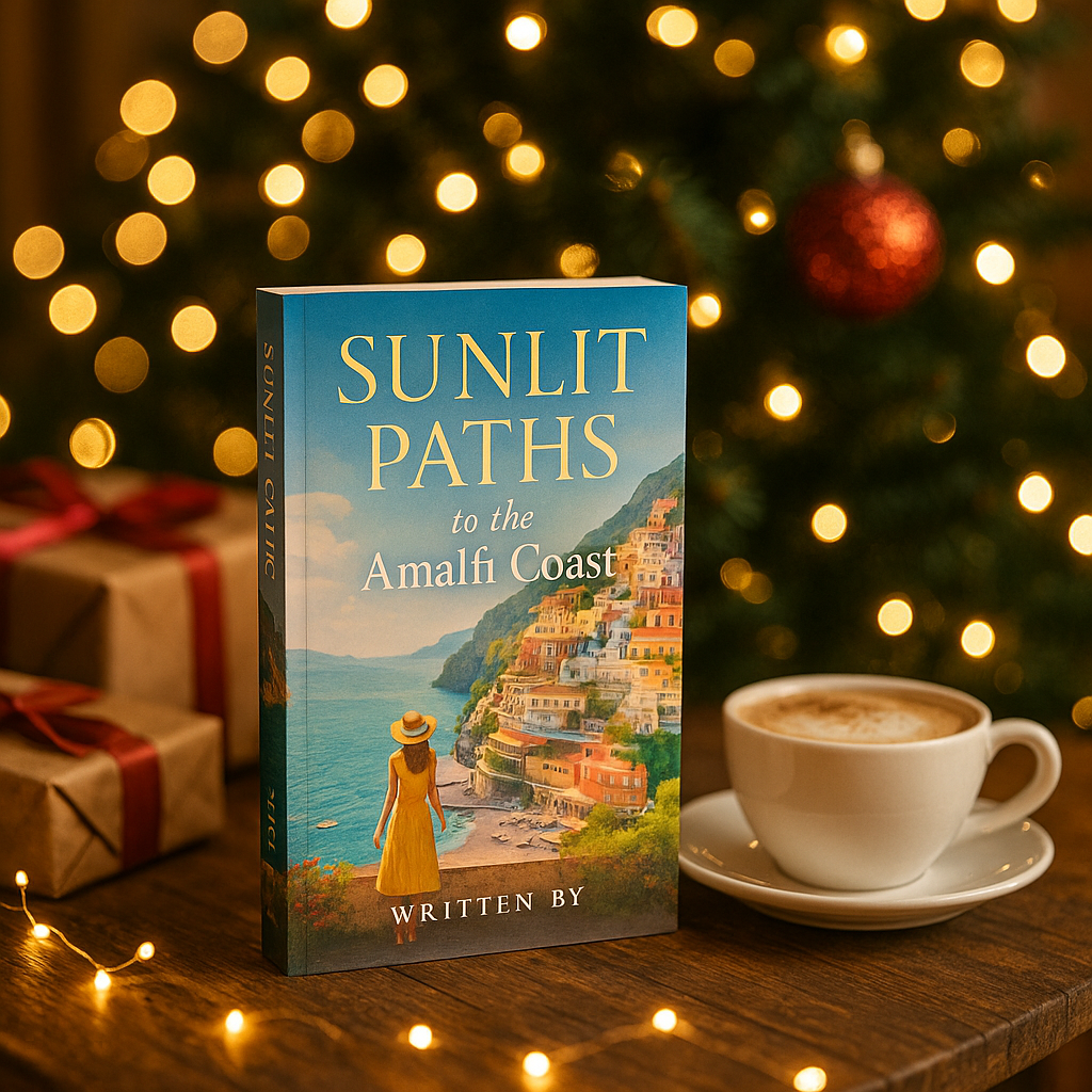 Christmas scene featuring the book Sunlit Paths to the Amalfi Coast on a wooden table with a cappuccino, wrapped gifts, twinkling lights, and a decorated Christmas tree in the background.