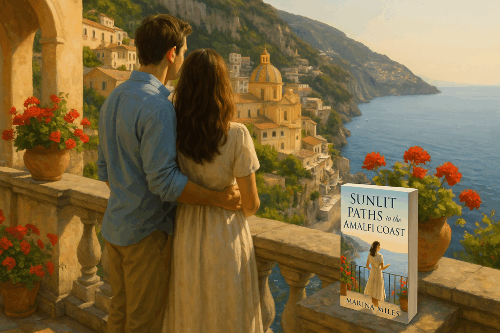 Romantic couple on a balcony overlooking the Amalfi Coast at sunset, holding each other with the book Sunlit Paths to the Amalfi Coast by Marina Miles resting nearby among potted flowers.
