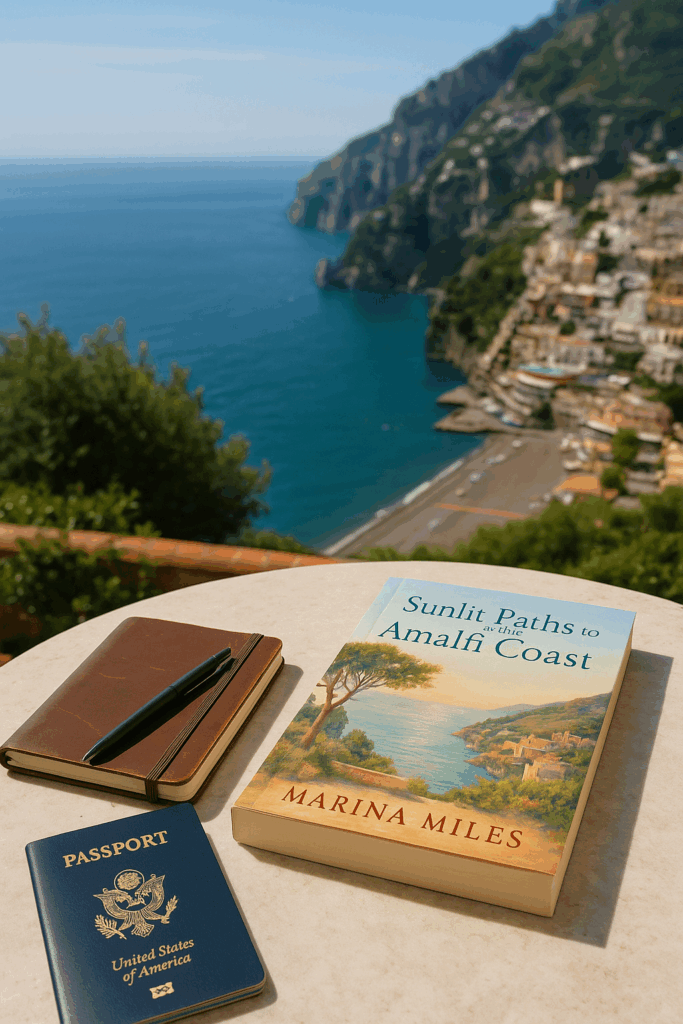 Realistic photograph of a sunlit terrace overlooking the Amalfi Coast with a journal, passport, and Sunlit Paths to the Amalfi Coast by Marina Miles resting naturally on a café table in warm morning light.