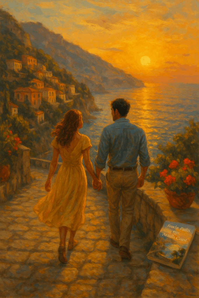 Oil painting of a couple walking hand in hand along the Amalfi Coast cliffs at sunset, with golden light over the sea and the book Sunlit Paths to the Amalfi Coast visible nearby.