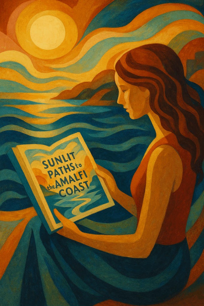 Abstract painting of a woman reading Sunlit Paths to the Amalfi Coast beside the sea at sunset, with flowing lines and warm orange and blue tones representing romance and reflection.