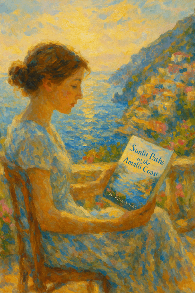 Impressionist painting of a woman reading Sunlit Paths to the Amalfi Coast on a terrace overlooking the Amalfi Coast, with warm golden brushstrokes and sea tones creating a romantic, sunlit mood.
