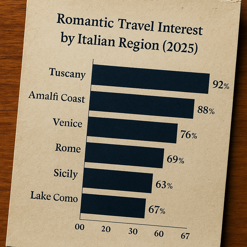 Bar chart showing romantic travel interest by Italian region for 2025, with Tuscany at 92 percent, Amalfi Coast at 88 percent, Venice at 76 percent, Rome at 69 percent, Sicily at 63 percent, and Lake Como at 67 percent, printed on textured paper.