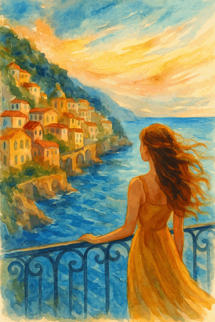 Watercolor painting of a woman in a flowing ochre sundress standing on a seaside balcony overlooking the Amalfi Coast at sunset, her hair blowing in the breeze as she gazes at pastel buildings and the shimmering sea below.