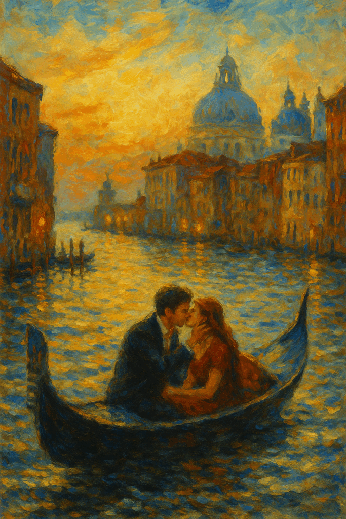Impressionist painting of a romantic couple kissing in a gondola on Venice’s Grand Canal at sunset, surrounded by golden water reflections and glowing Italian architecture.