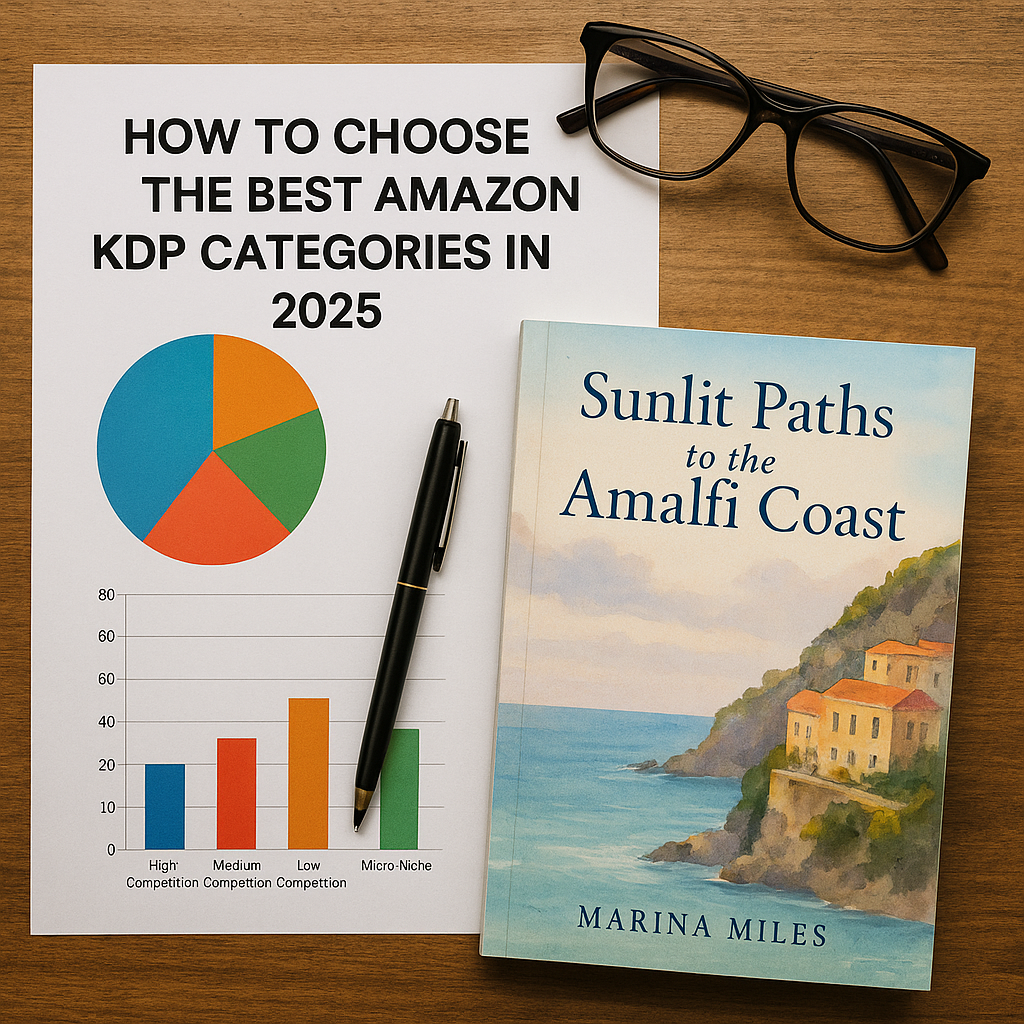Flat lay photo of publishing tools on a wooden desk including a laptop, notebook, glasses, and book layout sketches representing Amazon KDP category and metadata optimization.