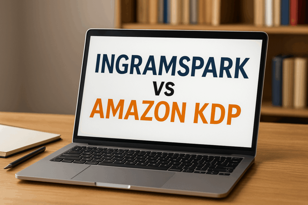 Laptop on a wooden desk displaying the text “IngramSpark vs Amazon KDP,” with a notebook, pen, and blurred bookshelf in the background to represent indie publishing platform comparison.