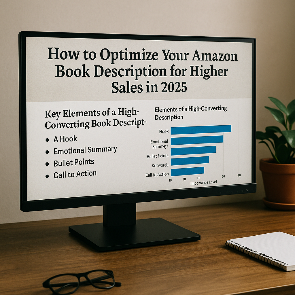 Computer monitor on a wooden desk displaying a guide titled “How to Optimize Your Amazon Book Description for Higher Sales in 2025,” including key elements and a bar chart, with glasses, a notebook, and a plant adding a clean, professional publishing workspace atmosphere.