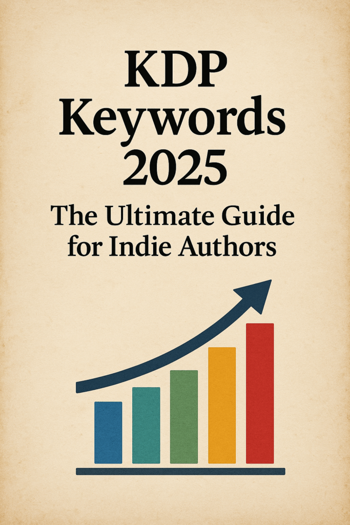 Vintage-style graphic with the title “KDP Keywords 2025: The Ultimate Guide for Indie Authors” displayed above a colorful upward-trending bar chart, symbolizing growth in Amazon visibility and keyword performance.