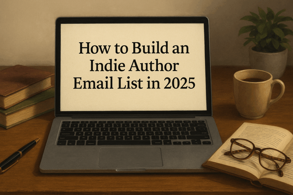 Laptop on a wooden desk displaying the title “How to Build an Indie Author Email List in 2025,” surrounded by books, a coffee mug, eyeglasses, and a small plant, creating a warm and productive author workspace.