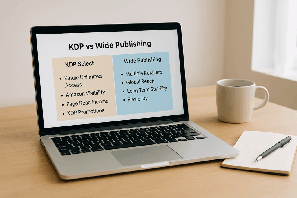 Laptop on a wooden desk displaying a “KDP vs Wide Publishing” comparison chart with columns for KDP Select and Wide Publishing, alongside a coffee mug, notebook, and pen in soft natural light.