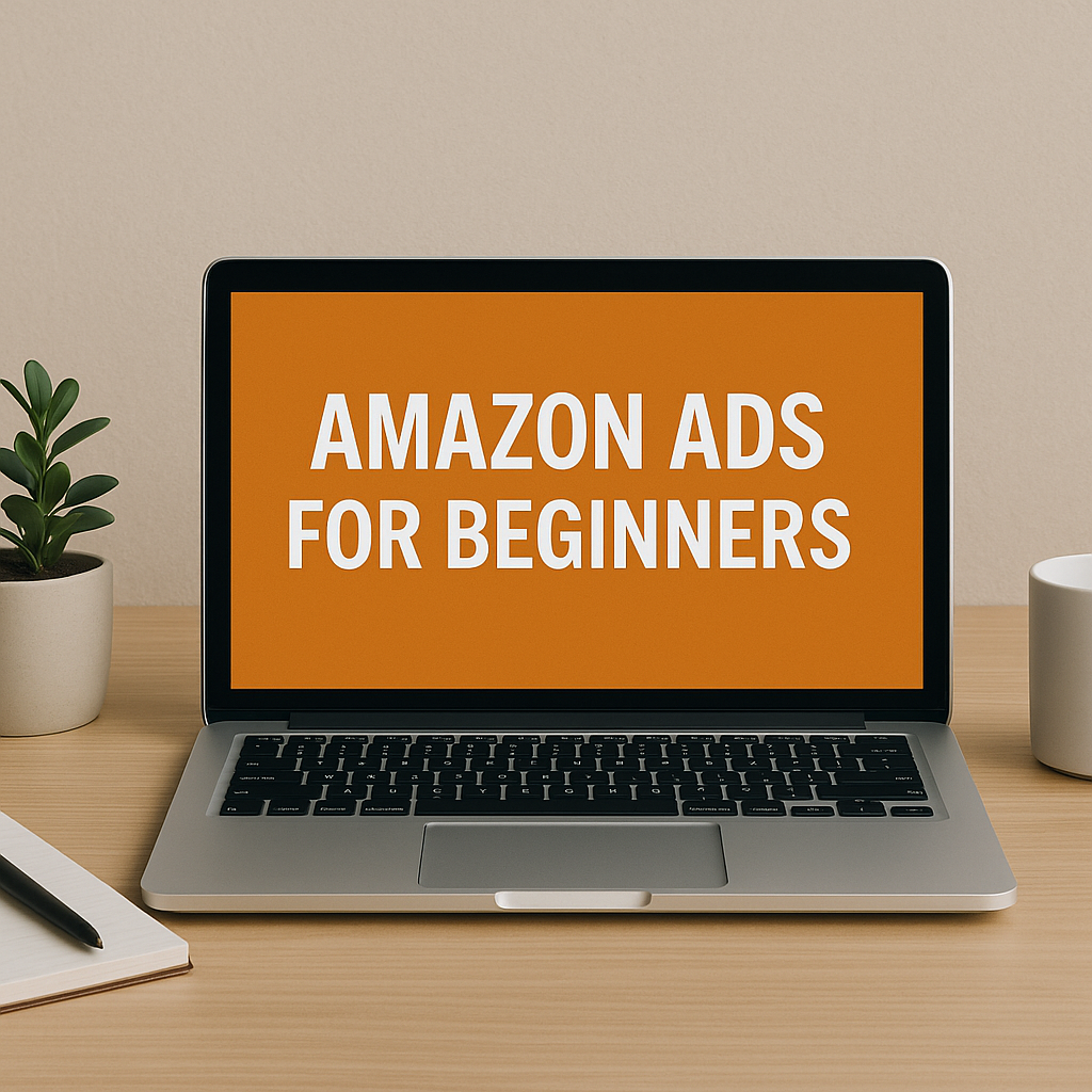 Laptop on a wooden desk displaying the text “Amazon Ads for Beginners” on an orange screen, with a small potted plant, notebook, pen, and coffee mug arranged neatly around the workspace.