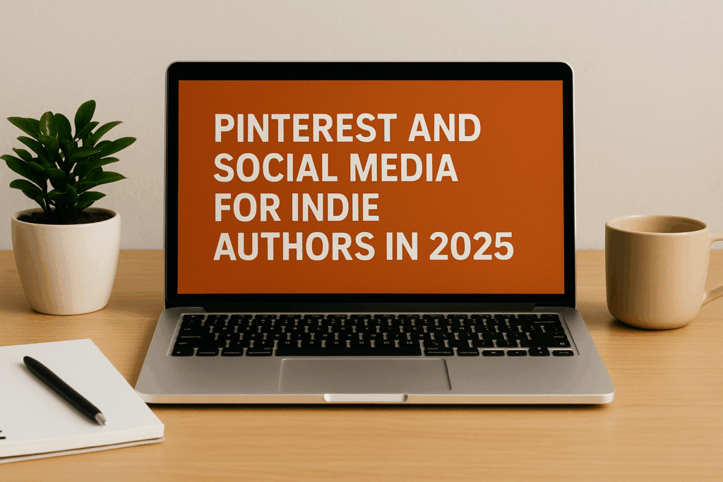 Laptop on a wooden desk displaying the text “Pinterest and Social Media for Indie Authors in 2025,” surrounded by a small potted plant, notebook, pen, and coffee mug, creating a clean and inviting author workspace.