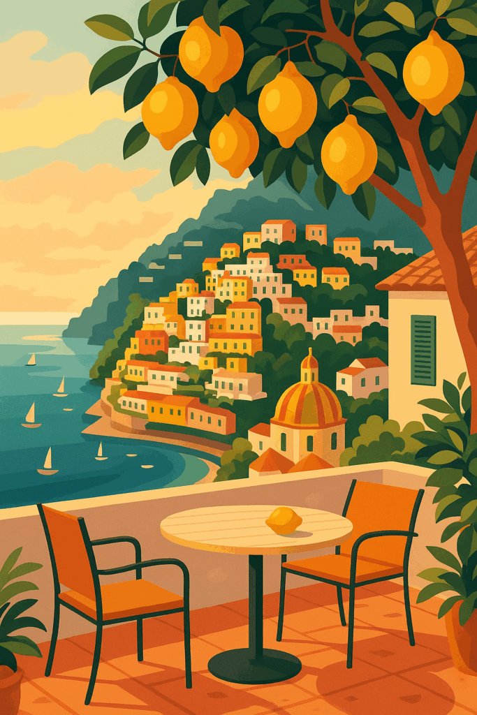 Vintage style illustration of a sunlit Amalfi Coast terrace with lemons, colorful hillside homes, sailboats, and a peaceful Mediterranean view.