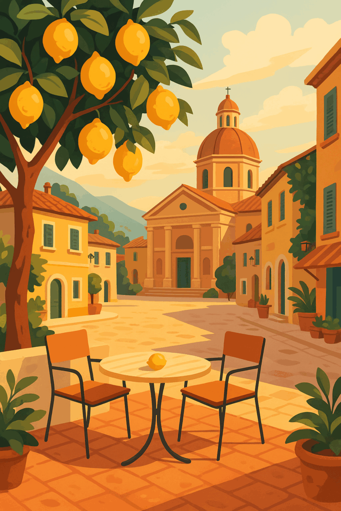 Vintage style illustration of an Italian village square with lemons, warm golden buildings, a domed church, terrace seating, and sunlit cobblestone streets.