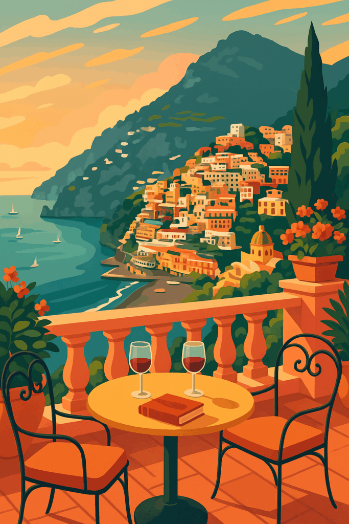 Colorful illustration of a sunlit Italian terrace with wine glasses, a book on the table, and a view of Positano’s hillside homes overlooking the Mediterranean.