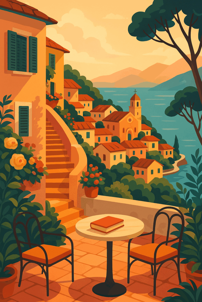 Colorful Italian hillside village illustration with terracotta rooftops, a seaside view, lush greenery, a café terrace with chairs, and an orange book resting on a round table at golden hour.