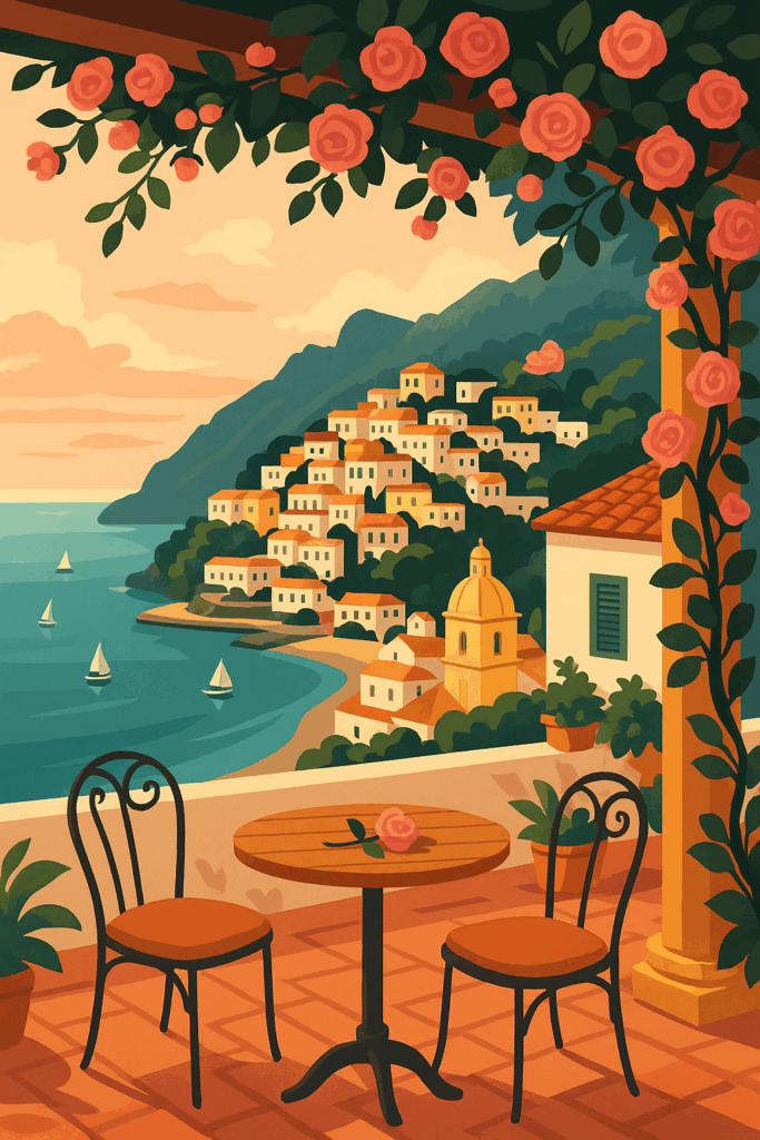 Stylized Mediterranean illustration featuring a seaside Italian village, rose-covered terrace, round café table with a single rose, sailboats on turquoise water, and pastel hillside homes at sunset.