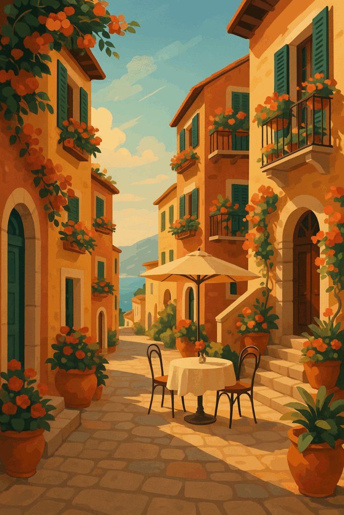 Colorful Italian village street illustration with flowered balconies, sunlit cobblestones, and a small café table under an umbrella overlooking the distant sea.