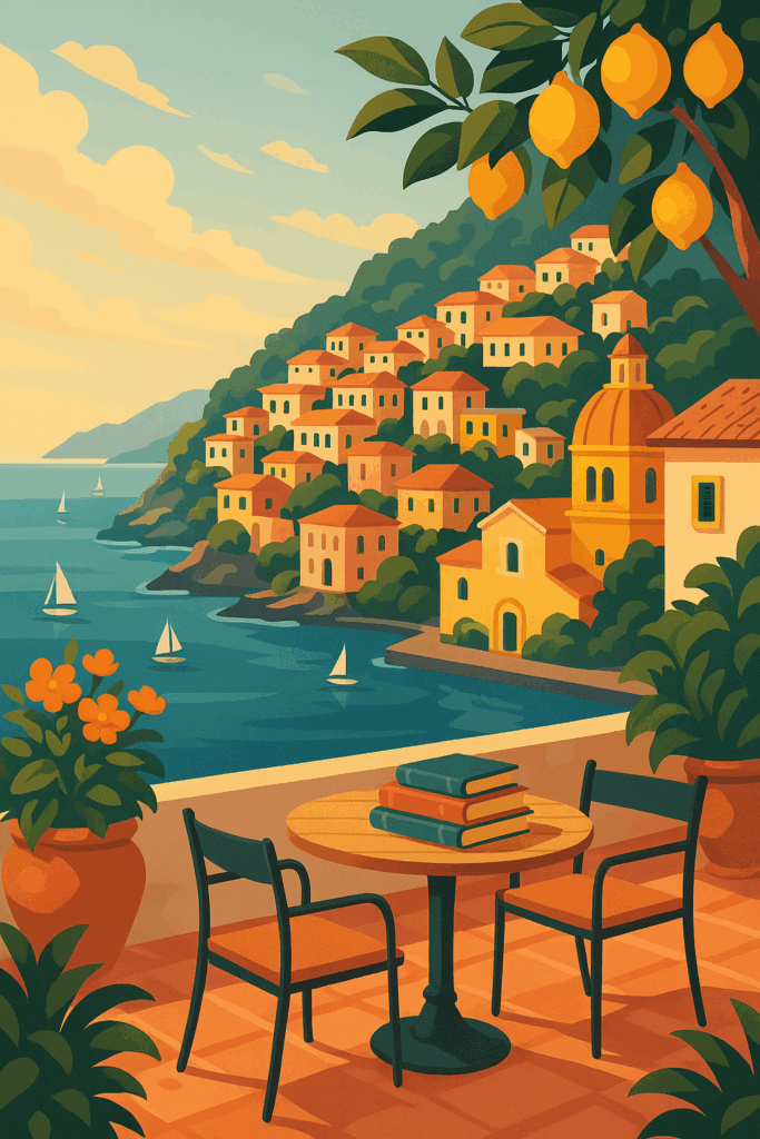 Stylized Mediterranean coastal illustration featuring hillside homes, sailboats on calm blue water, and a sunny terrace with books and chairs under a lemon tree.