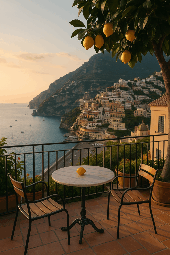 Realistic Mediterranean terrace overlooking the sea at golden hour, featuring a round marble table with a lemon on top, wooden chairs, a lemon tree, and hillside coastal homes above the shoreline with sailboats in calm water.