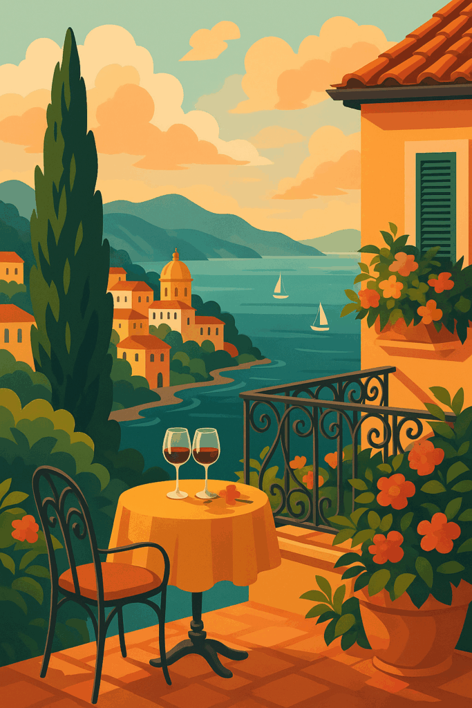 Stylized digital illustration of a Mediterranean balcony overlooking the sea, with terracotta rooftops, sailboats on turquoise water, lush greenery, and a small table set with two glasses of wine at sunset.