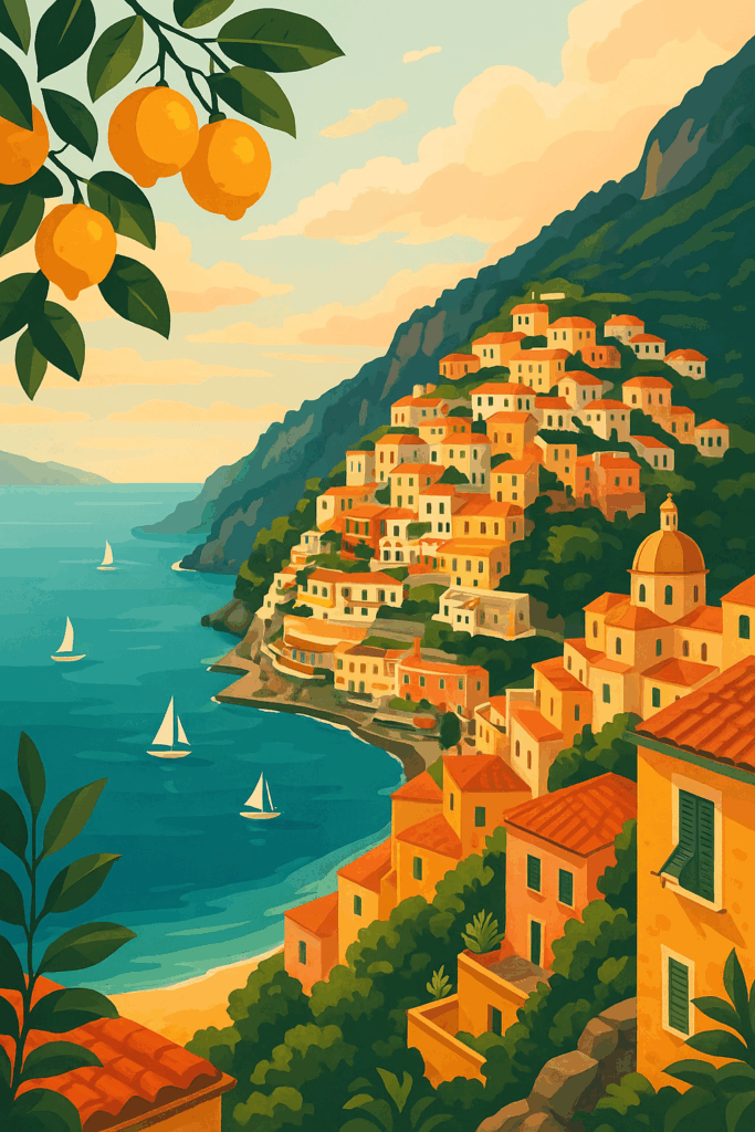 Stylized Mediterranean coastal illustration showing colorful hillside buildings, turquoise water with sailboats, and bright lemons hanging from a branch in the foreground.