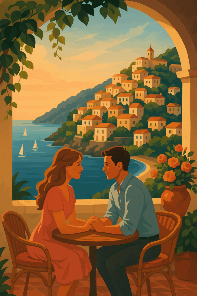A romantic terrace scene overlooking a Mediterranean coastal village at sunset, with a couple holding hands at a small table, sailboats on the water, pastel hillside homes, and warm golden light framing the moment.