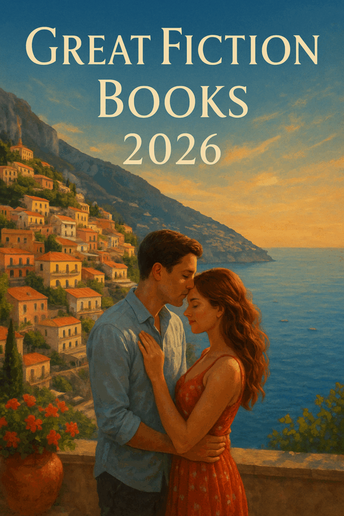 A romantic illustration of a couple embracing on a terrace in Positano with pastel hillside homes, the Mediterranean Sea, and a warm golden sunset, used as the featured image for the Great Fiction Books 2026 article.