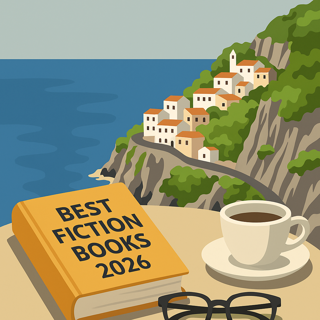 Flat illustration of an outdoor table overlooking the Amalfi Coast with a yellow book titled Best Fiction Books 2026, a cup of coffee, eyeglasses, and a cliffside village above the Mediterranean Sea.