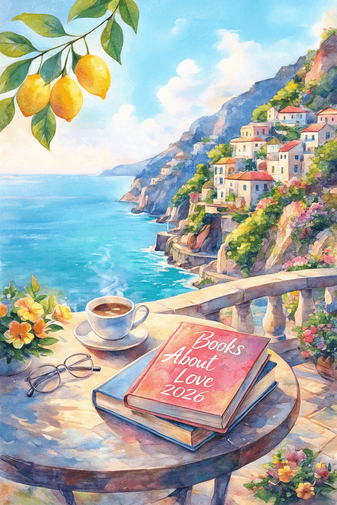 Watercolor painting of the Amalfi Coast with lemons hanging above a terrace, a cup of coffee, flowers, and books including one titled Books About Love 2026, overlooking colorful cliffside villages and the Mediterranean Sea.