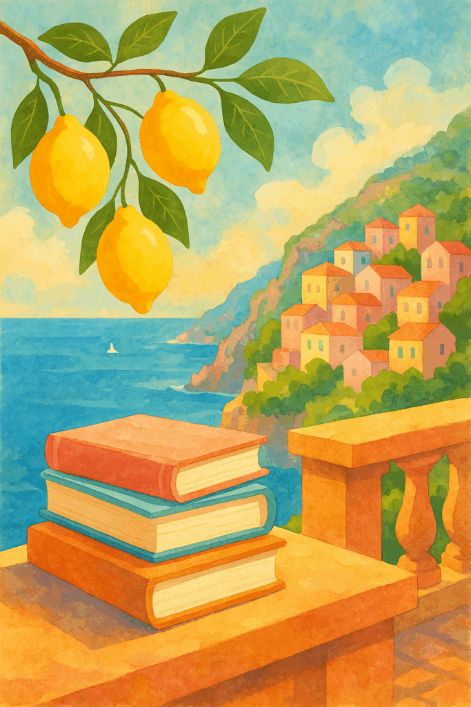 Romantic Mediterranean illustration of the Amalfi Coast with pastel buildings, lemons on a branch, and books on a terrace, used for the “Romance Books for Beginners 2026 Edition” article.