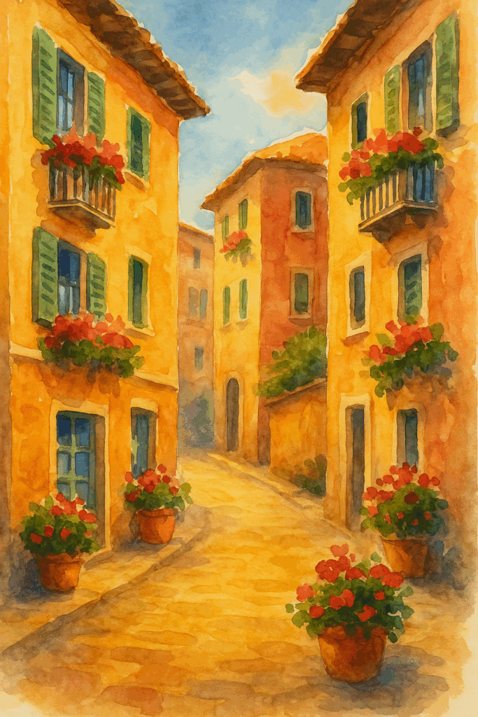 Watercolor painting of a sunlit Italian village street with warm terracotta buildings, green shutters, flower boxes, and potted plants along a cobblestone path, creating a bright and romantic Mediterranean atmosphere.