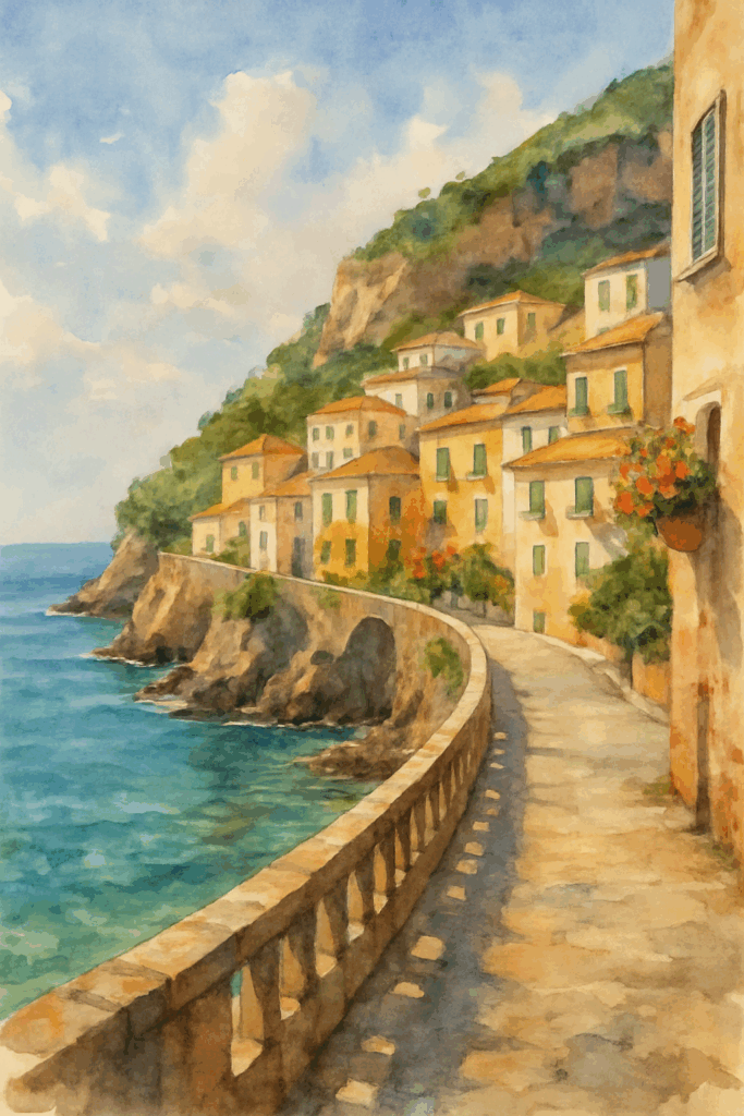 Watercolor painting of a sunlit Italian coastal walkway lined with warm terracotta buildings overlooking the turquoise Mediterranean Sea, with cliffs, arches, and soft shadows creating a romantic Amalfi Coast atmosphere.