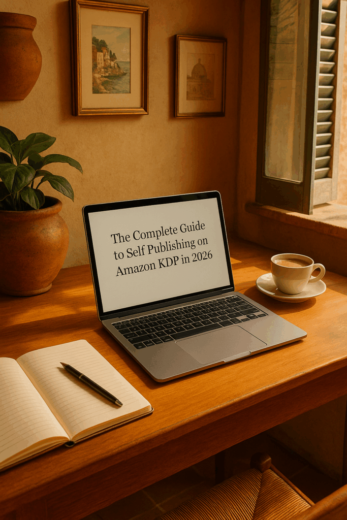 Cozy Italian inspired writing desk with a laptop displaying a KDP publishing guide, an open notebook with a pen, a cup of coffee, terracotta decor, and warm sunlight coming through a rustic window.