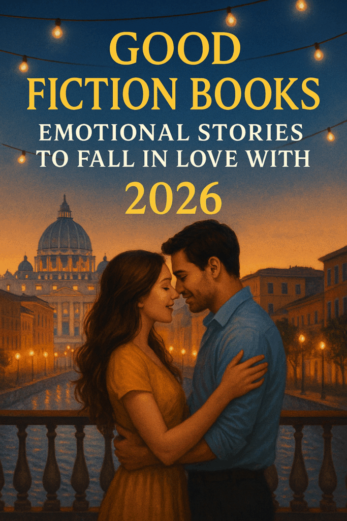 Romantic couple embracing on a bridge in Rome at twilight with warm sunset lighting, glowing string lights, and St. Peter’s Basilica in the background, used as the cover image for an article about good fiction books for 2026.