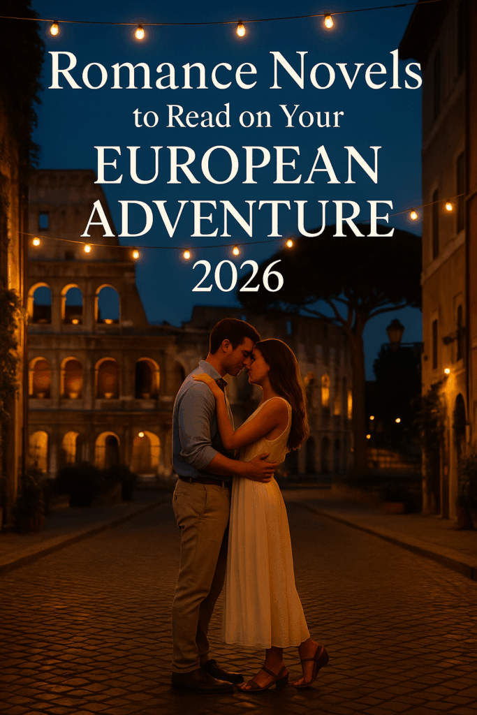 Romantic European street scene at sunset with an Italian-style café, warm glowing lights, cobblestone walkway, and a couple walking together surrounded by historic architecture.