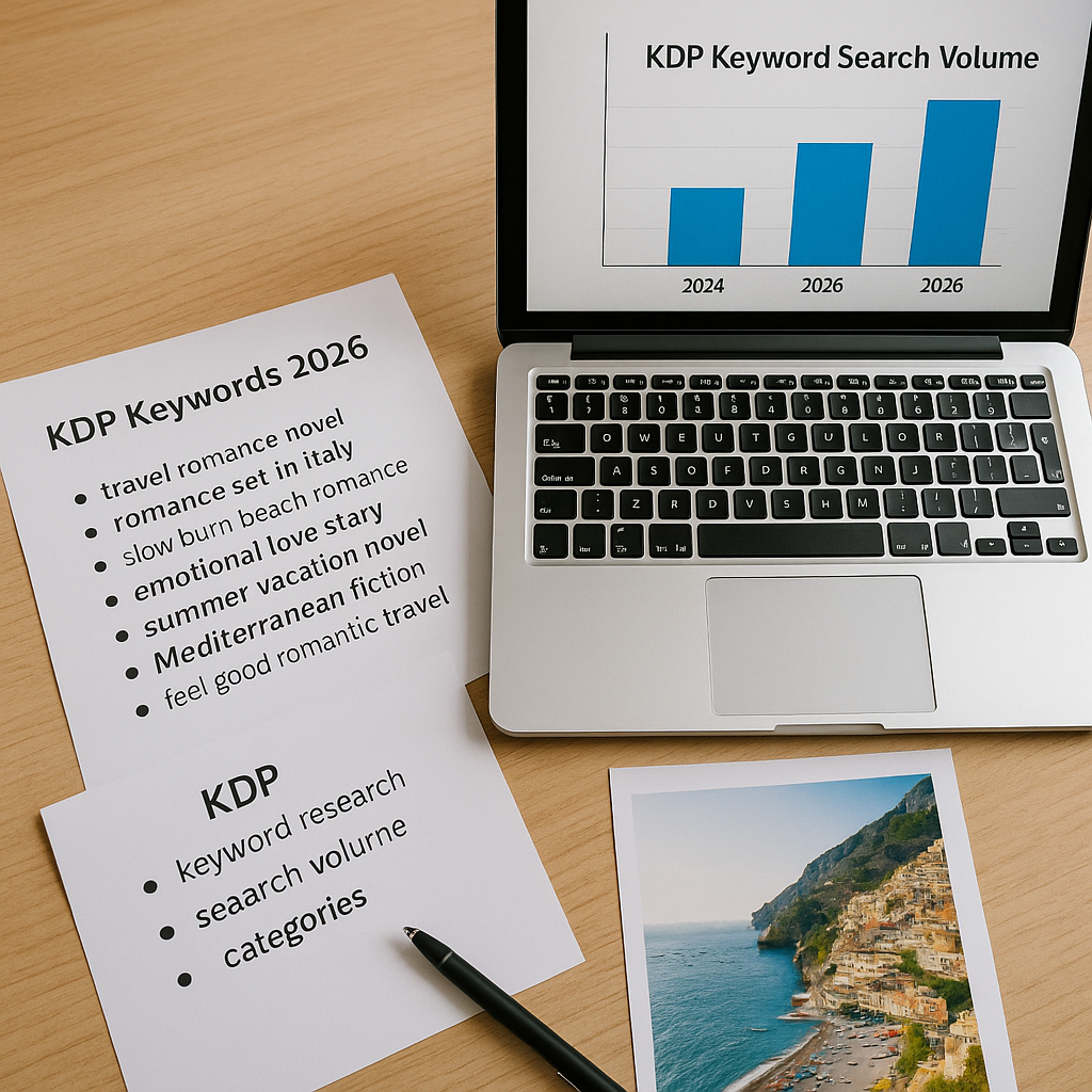 Workspace with a laptop showing a KDP keyword search volume chart, printed keyword lists, a pen, and a photo of the Amalfi Coast on a wooden desk.