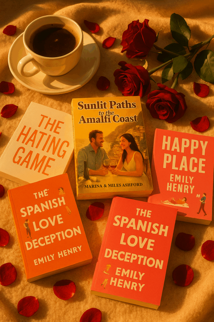 A warm, realistic flat lay photograph featuring open romance novels, soft pink roses, a cup of coffee, and golden sunset light spilling across a wooden table, symbolizing love, inspiration, and the beauty of storytelling.