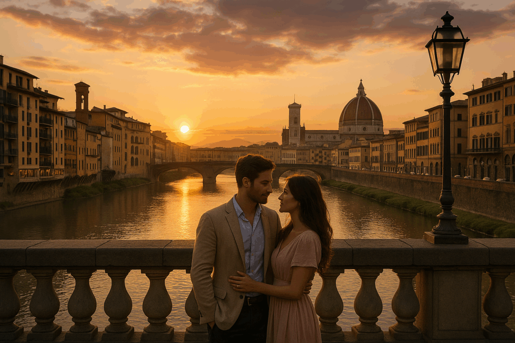 Romantic couple standing on a bridge in Florence at sunset with the Arno River, Ponte Vecchio, and the Duomo in the background glowing under warm golden light.